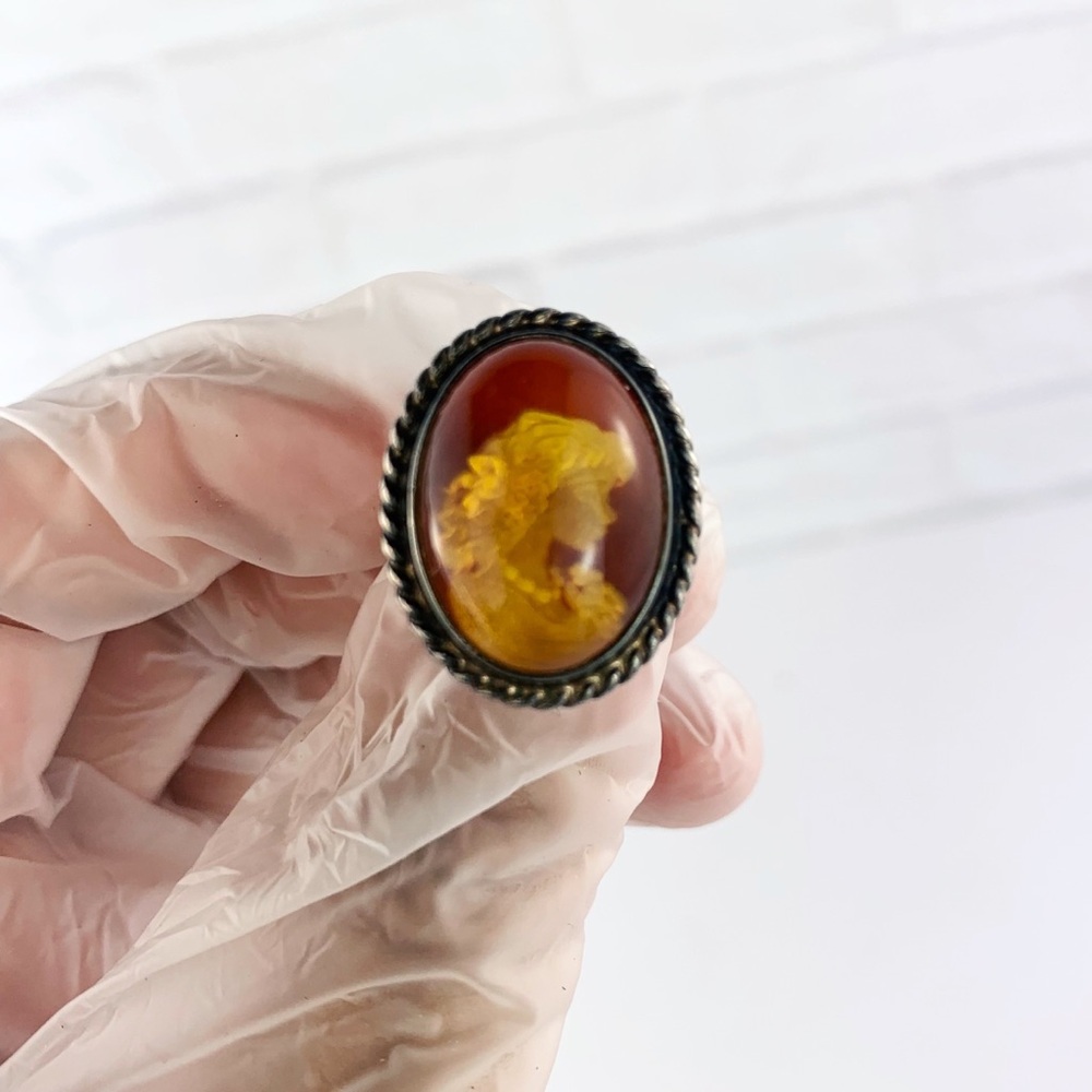 Vintage Reverse Carved Amber Cameo 925 Sterling Silver Ring